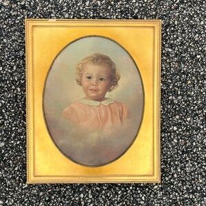 Antique Framed Painting Child 30s Vintage Gold Gilded Flaw